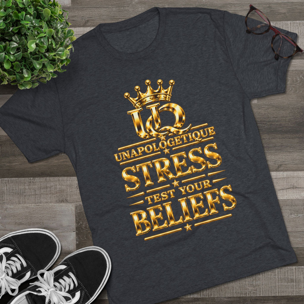 Unapologetique WOW Gold 'Stress Test Your Beliefs' Crew Tee