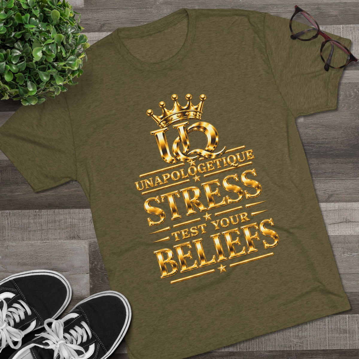 Unapologetique WOW Gold 'Stress Test Your Beliefs' Crew Tee