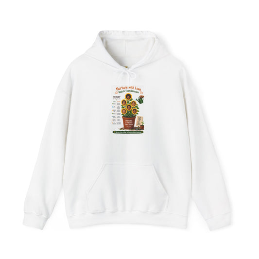 Sunflower Growth Chart Hoodie — "Nurture with Love" Plant Care Sweatshirt