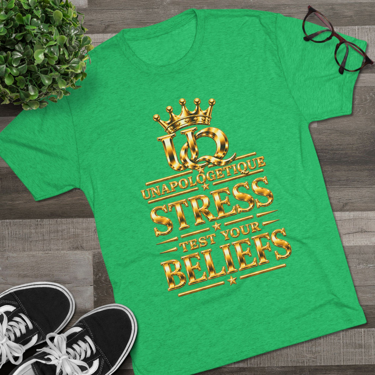 Unapologetique WOW Gold 'Stress Test Your Beliefs' Crew Tee