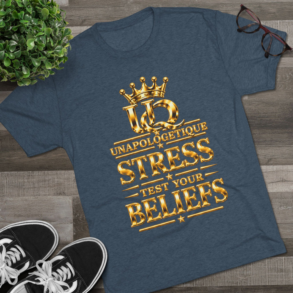 Unapologetique WOW Gold 'Stress Test Your Beliefs' Crew Tee