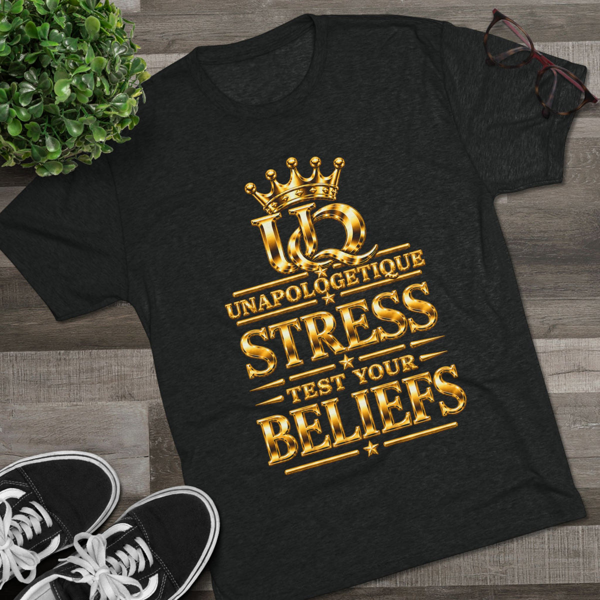 Unapologetique WOW Gold 'Stress Test Your Beliefs' Crew Tee