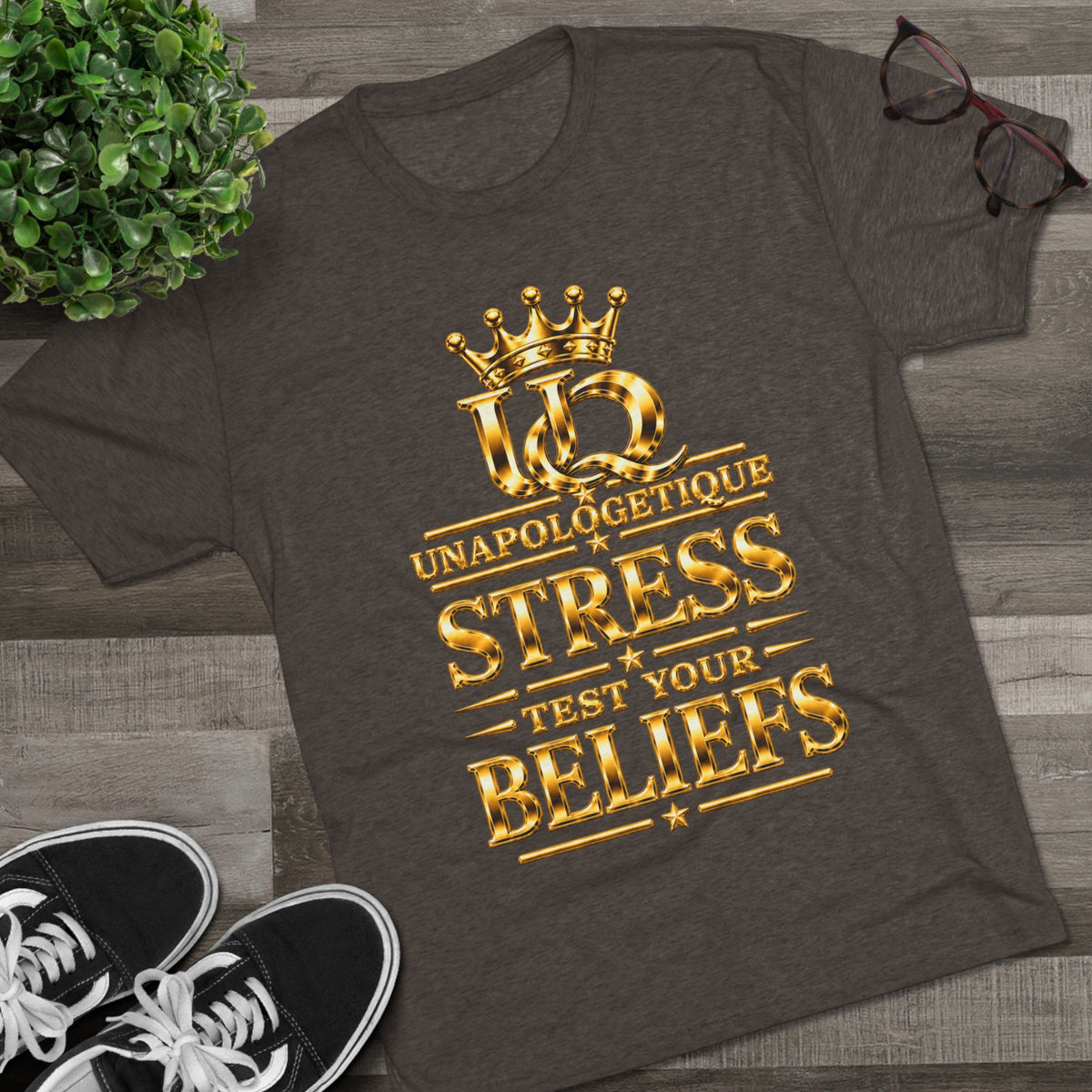 Unapologetique WOW Gold 'Stress Test Your Beliefs' Crew Tee